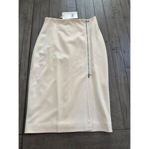 NWT $635 MaxMara White Knitted Wool Pencil Midi Skirt Leather Trim Size 42 / 8